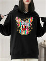 Colourful Reindeer Merry Christmas Coquette Bow Cocoa Candy Cane Cake Gift Xmas Printed Cotton Hoodie - Relaxed Fit, Classic Crew Neckline - Perfect For Fall And Winter Season, Ideal For Casual Outing