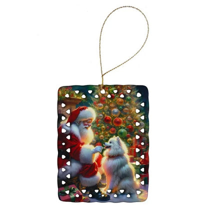 American Eskimo und Weihnachtsmann, Porzellan-Ornament, Weihnachtsbaum-Hängedekoration für Zuhause, Weihnachten, Feiertage, rechteckig, Geschenk, mehrfarbig