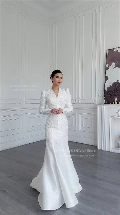 SSYTENS Modest Ivory Wedding Dresses Full Sleeve Appliques Mermaid Saudi Bridal Gown Elegant Lace White Bride Dresses Customized