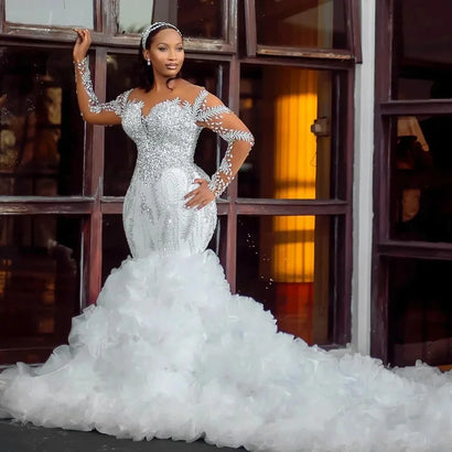 Customized African Elegant Ruffled Mermaid Wedding Dress 2025 New Thick Crystal Beaded Dream Sleeve High Quality Wedding Dress