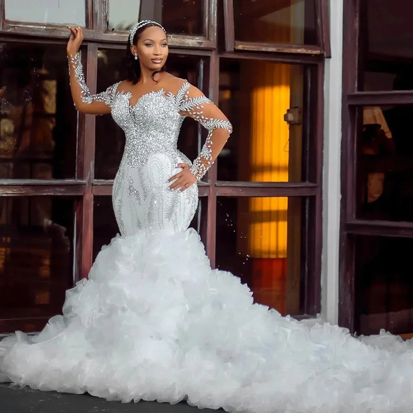 Maßgeschneiderte Afrikanische Elegante Rüschen Meerjungfrau Hochzeit Kleid 2025 Neue Dicke Kristall Perlen Traum Hülse Hohe Qualität Hochzeit Kleid 