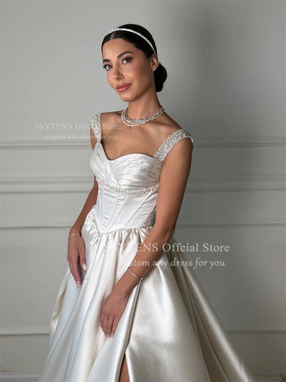 SSYTENS Luxury A-line Satin Wedding Dresses Sweetheart Sleeveless Bridal Dress Beach Long Wedding Gown Robe De Mairee Customized