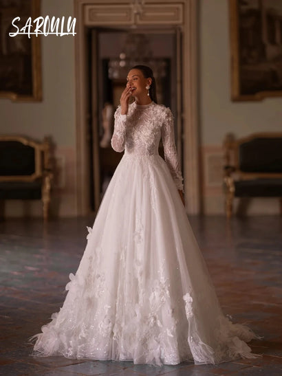 Modest Long Sleeve Bride Elegant Floral Appliques Wedding Dress Romantic Pearls Customized Women Dainty A Line Bridal Gown