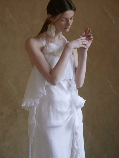 Halter Chiffon Wedding Dresses With Ruffles ,Side Split Bohemian Bridal Gowns Vestido De Noivas   DW1025