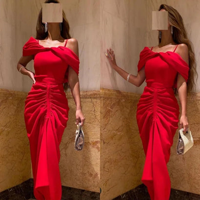 Customized Fashion Elegant Modern Style High Quality Jersey Pleat A-line Off-the-shoulder Midi Dresses Party Dresses Classic Ret