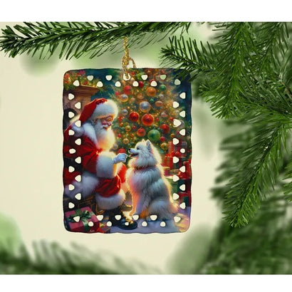 American Eskimo und Weihnachtsmann, Porzellan-Ornament, Weihnachtsbaum-Hängedekoration für Zuhause, Weihnachten, Feiertage, rechteckig, Geschenk, mehrfarbig