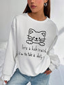 Women Basic Casual Pullover Spring Autumn Long Sleeve Kitten Sketch Printed Round Neck