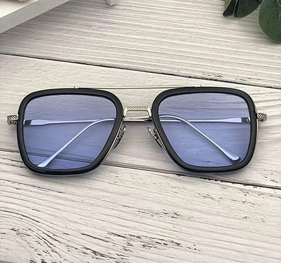 Unisex Blau Silber Retro Quadratische Sonnenbrille