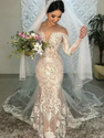 Customized Stylish Mermaid Elegant Ladies Wedding Dress Bohemian Lace Long Sleeve V-Neck Applique Floor-Length Bridal Dress 2025