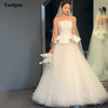 Toofgon A Line Tulle Satin Customized Wedding Gowns Buttons Strapless Floor Length Long Formal Bridal Gowns Women Wedding Dress