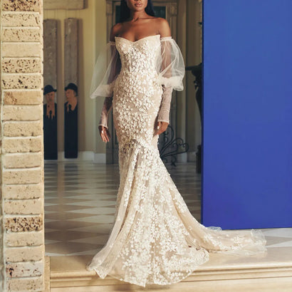 Customized Illusion vestidos de novia Leaf Appliques Mermaid Wedding Dress for Bridal Off the Shoulder Bead robe de mariee
