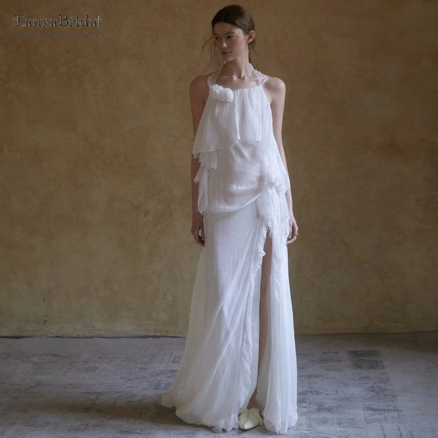 Halter Chiffon Wedding Dresses With Ruffles ,Side Split Bohemian Bridal Gowns Vestido De Noivas   DW1025