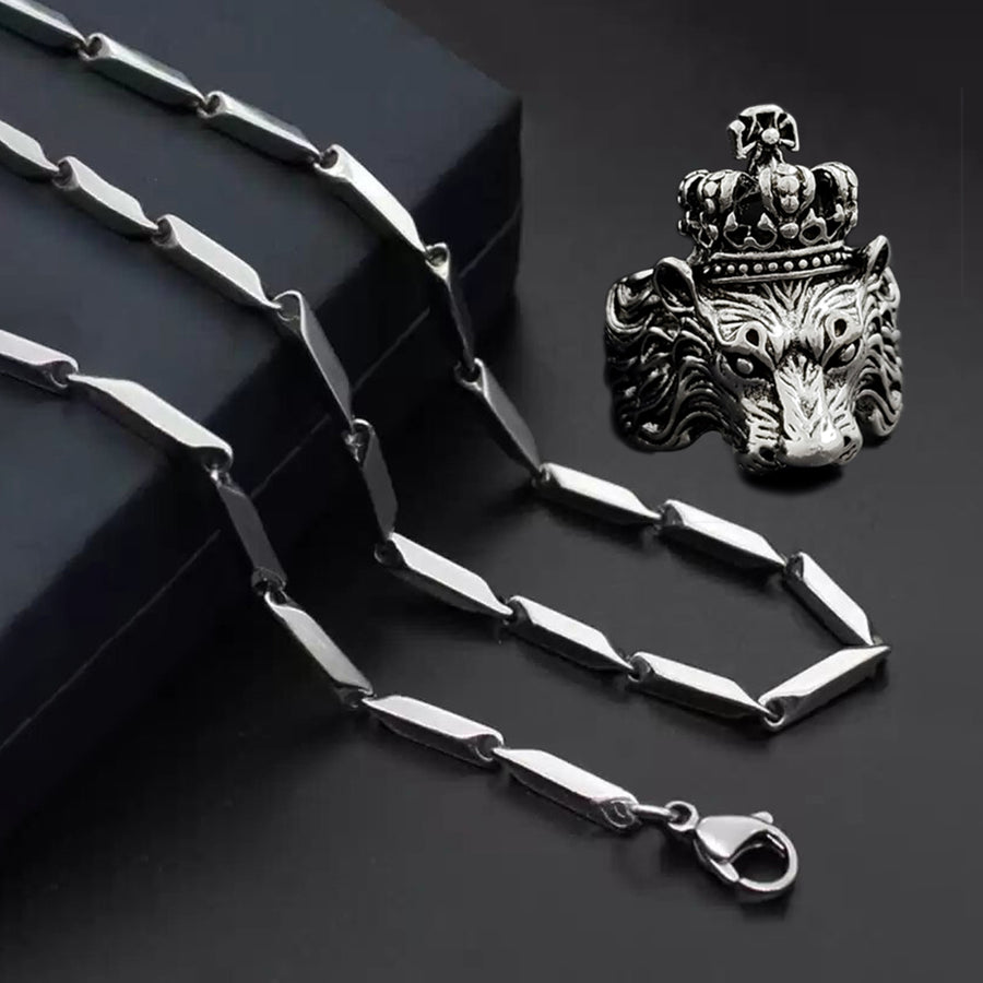 Silver Plated Chain with KGF Lion Shape Adjustable Ring Combo Set - Rhodium Plated Stainless Steel