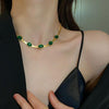 Oval Green Crystal Pendant Necklace Set with Bracelet - Gold Plated