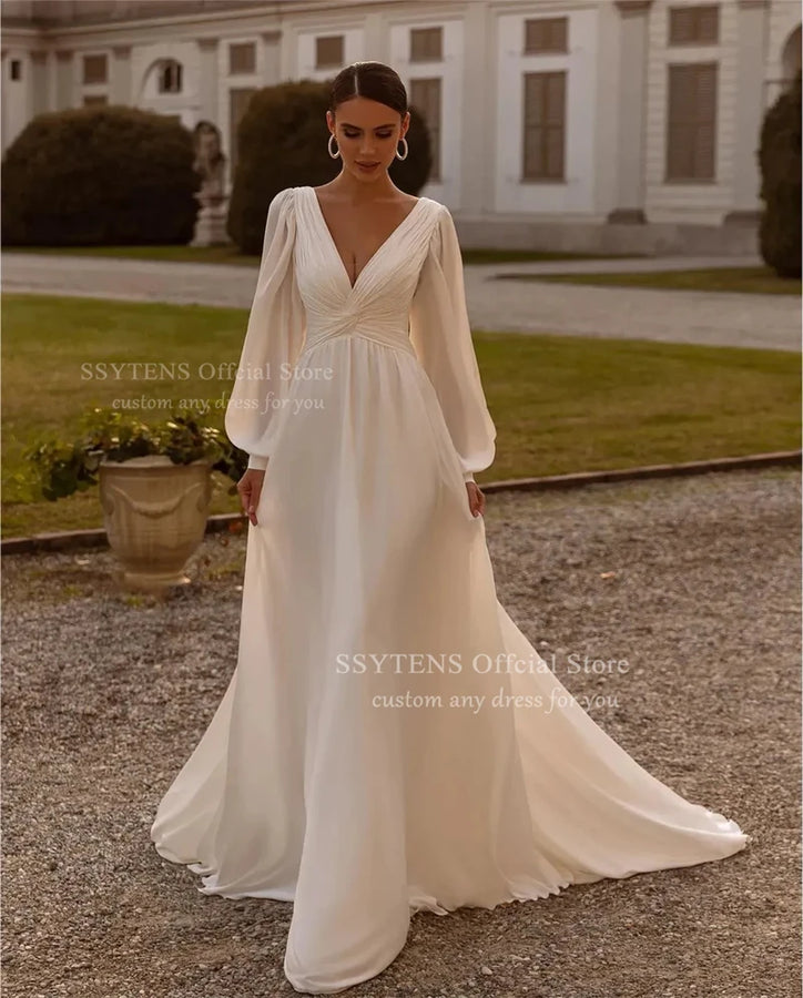 SSYTENS Vintage Chiffon Brautkleider Elfenbein Bescheidenes Strandkleid für die Braut V-Ausschnitt Lange Ärmel Klassische Brautkleider Plus Maßanfertigung