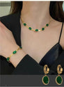 Oval Green Crystal Pendant Necklace Set with Bracelet - Gold Plated