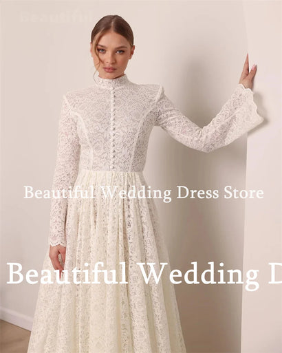Allure Bridals Wedding Dress Lace High Neck Long Sleeves A-Line Floor-Length Bridal Dress Vestidos de novia Arab Robes de mariée