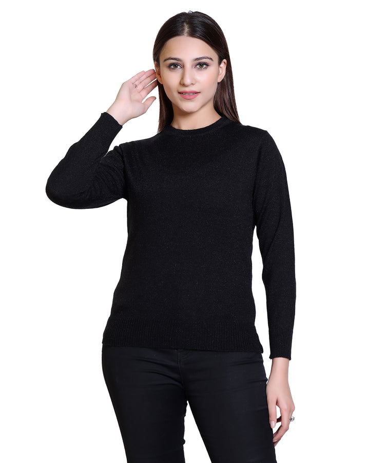 Women's Solid Woolen Full Sleeves Sweater - Black, High Neck