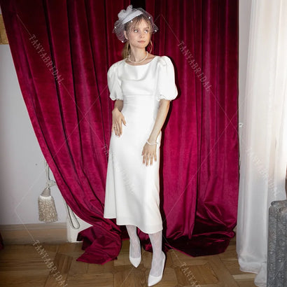 Customized Soft Satin Elegant Wedding Dresses Puffy Short Sleeves Tea Length Bridal Photoshoot Dress Simple Bridal Gown TSWD485