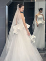 Toofgon A Line Tulle Satin Customized Wedding Gowns Buttons Strapless Floor Length Long Formal Bridal Gowns Women Wedding Dress