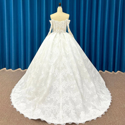 Perfect Flash Sale Wedding Suits For Women Ball Gown Organza Full Sleeves Wedding Dress Scoop Lace Vestido De Noiva LSSM030