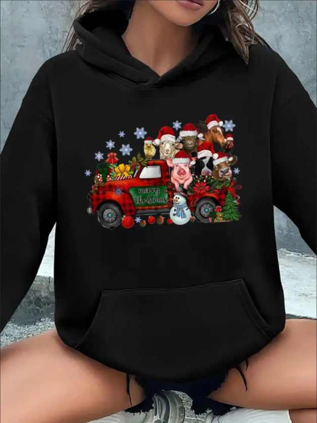 Damen-Kapuzenpullover mit Weihnachtsfarm-Print, langärmliger, lässiger Sportpullover mit Kängurutasche, festliches Weihnachtsgeschenk, leicht dehnbarer Strickstoff, Polyester,