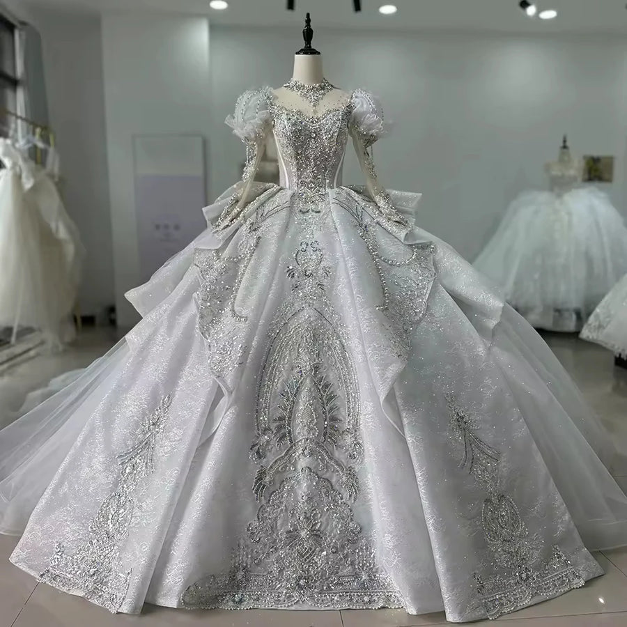 Hochzeitskleid Damen Long Sleeve Sweetheart Wedding Dress Keyhole Back Bow Beading Crystal Embroidery Ball Gown Bridal Dress