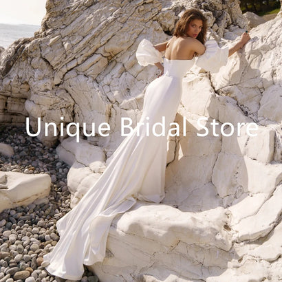 Customized  Sexy Mermaid Wedding Dresses Satin Side Split Off The Shoulder Backless With Bow Robe De Mariée V-Neck Br
