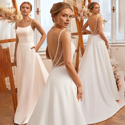 Elegant Spaghetti Straps Beaded Soft Satin Wedding Dresses A line Backless Custom Made Bridal Gowns 2026 Vestido De Noival