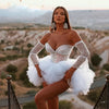 Stylish Sexy A-Line Wedding Dress Sequins Fluffy Layered V-Neck Off-The-Shoulder Flared Sleeves Short Bridal Dress Customized