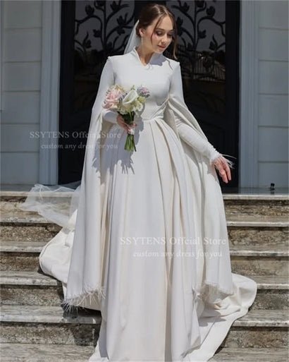 SSYTENS Ivory Dubai Muslim Wedding Dresses Customized Islamic Bridal Gowns Feather Beads Long Sleeves Bride Dress Robe De Mariée