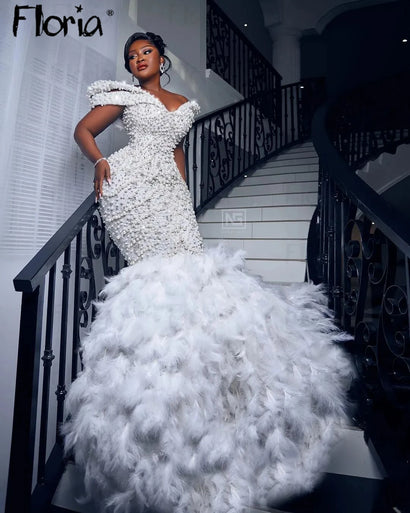 Floria Luxury Mermaid Feathers Wedding Dresses Sparkly Crystals Bridal Gowns Plus Size Dubai Vestidos De Novia 2024 свадебное пл