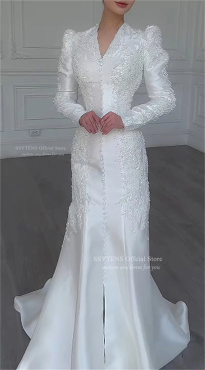 SSYTENS Modest Ivory Wedding Dresses Full Sleeve Appliques Mermaid Saudi Bridal Gown Elegant Lace White Bride Dresses Customized